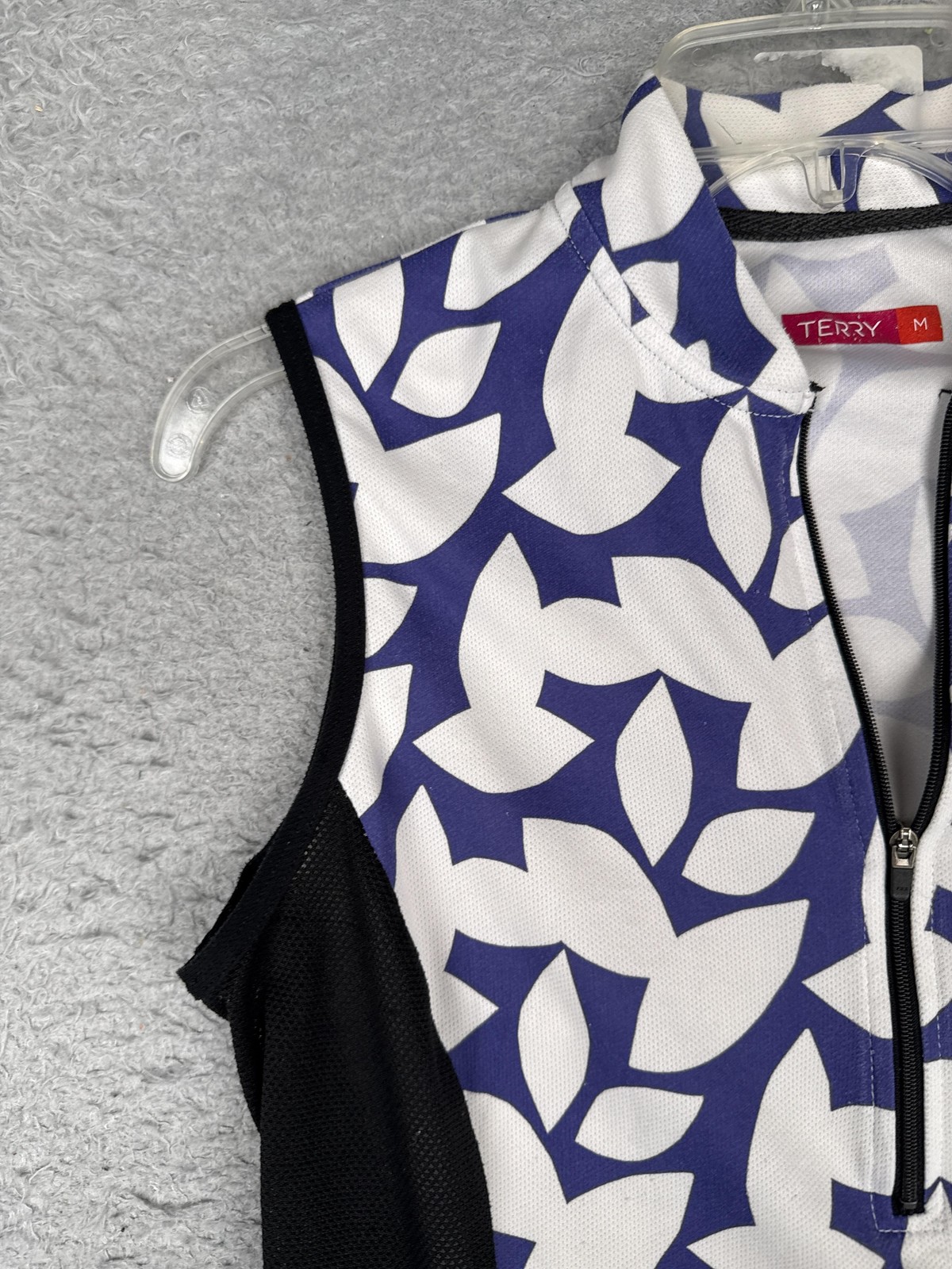Terry Cycling Jersey Womens Medium Blue Floral Tank 1/4 Zip Pockets Bike