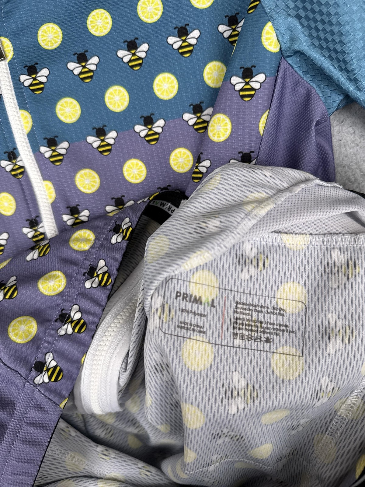 Primal Cycling Jersey Womens Large Blue Bee Lemon Graphic Full Zip Pockets Bike