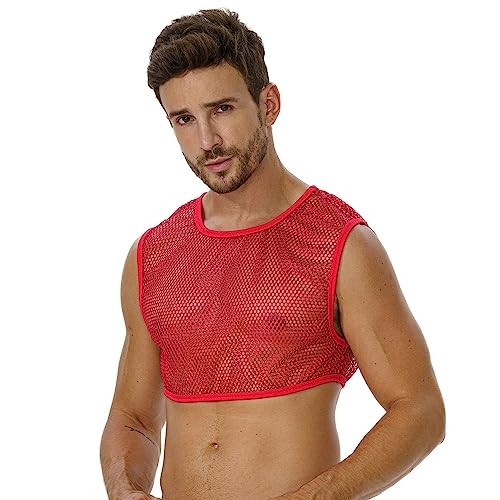 Mens Mesh Crop Top, Fishnet Tank Top Sleeveless Half Pride Shirt Medium Red