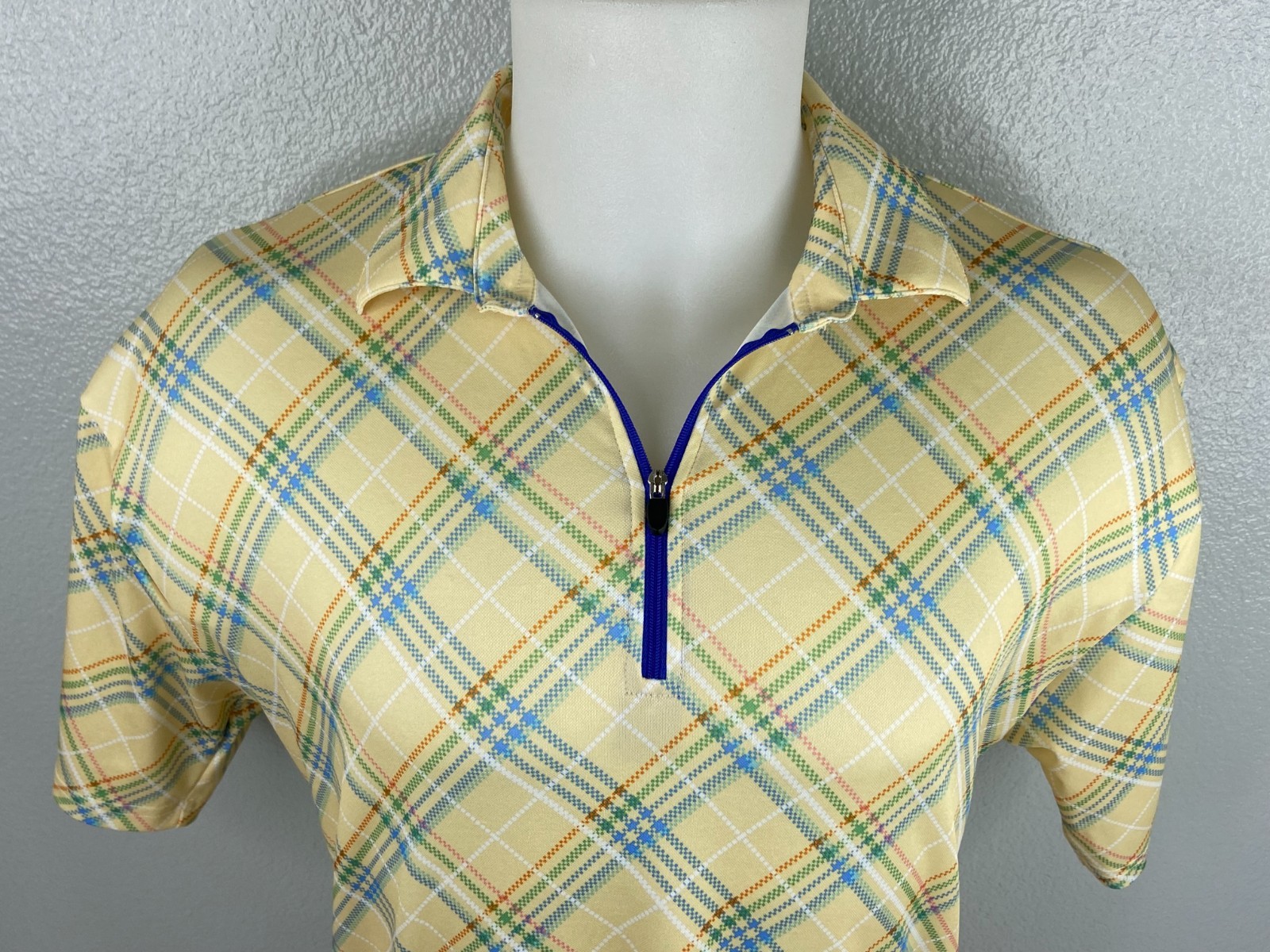 Alexander Julian Men Large Yellow Plaid Cycling Shirt 1/4 Zip Back Pockets
