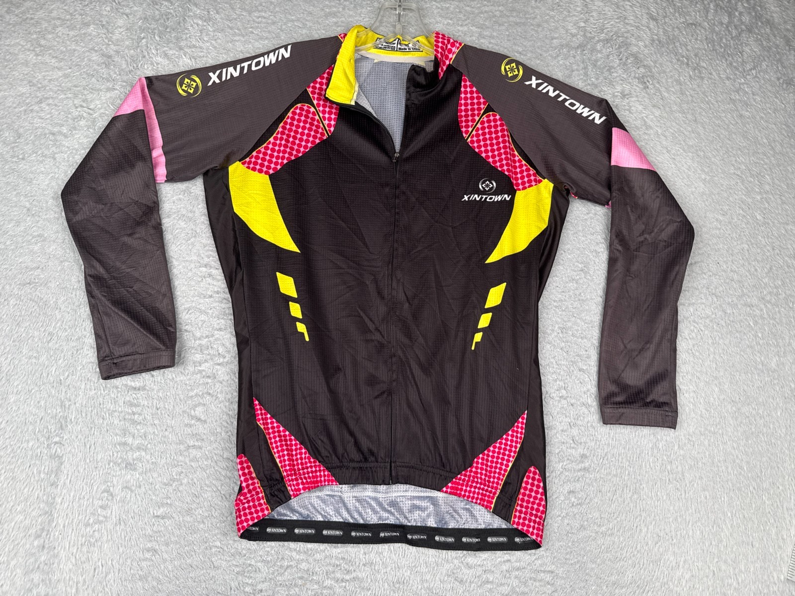 Xintown Cycling Jersey Adult Large Black Pink Yellow Full Zip Long Sleeve Poly