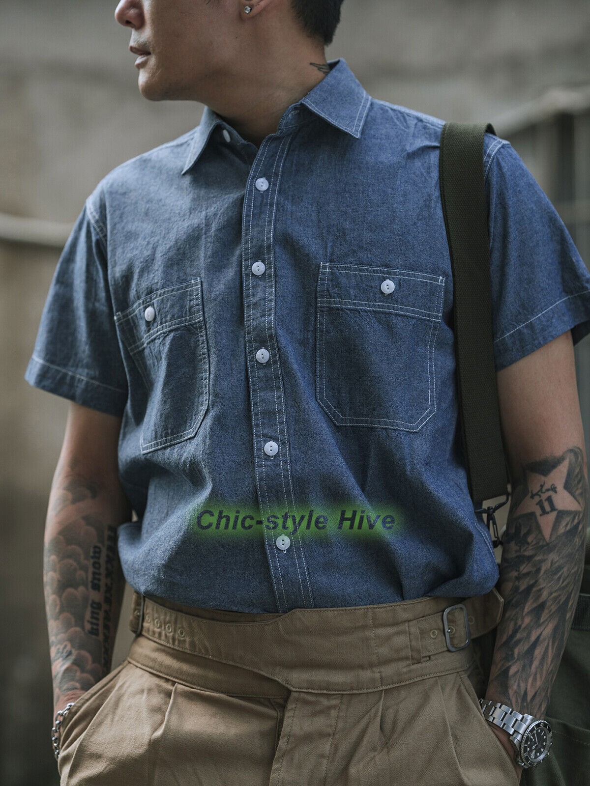 NON STOCK Chambray Short Sleeve Shirt Classic Men’s Regular Fit Workshirt Blue