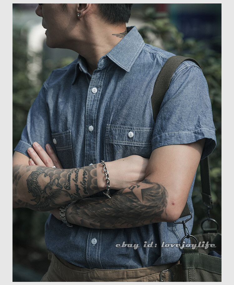 NON STOCK Chambray Short Sleeve Shirt Classic Men’s Regular Fit Workshirt Blue