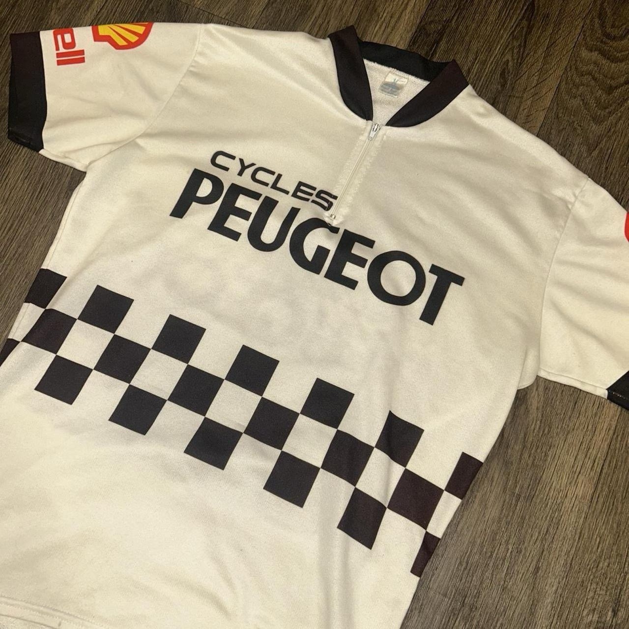 Vintage 70s 80s Peugot Cycles Team Graphic Spellout Logo Cycling Jersey Mens Med