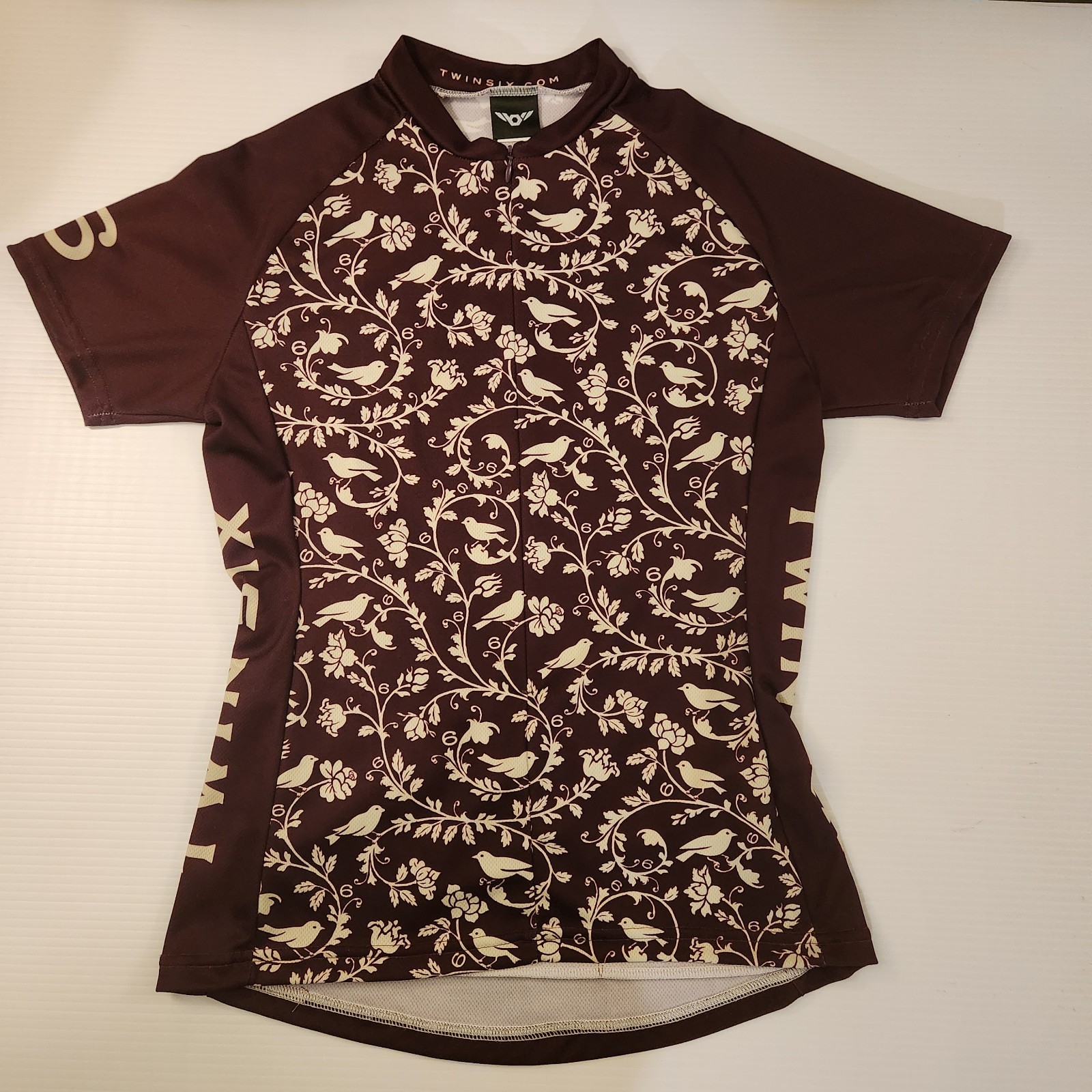 Twin Six Cycling Jersey Women Medium Marroon 1/2 Zip Birds Floral Polyester