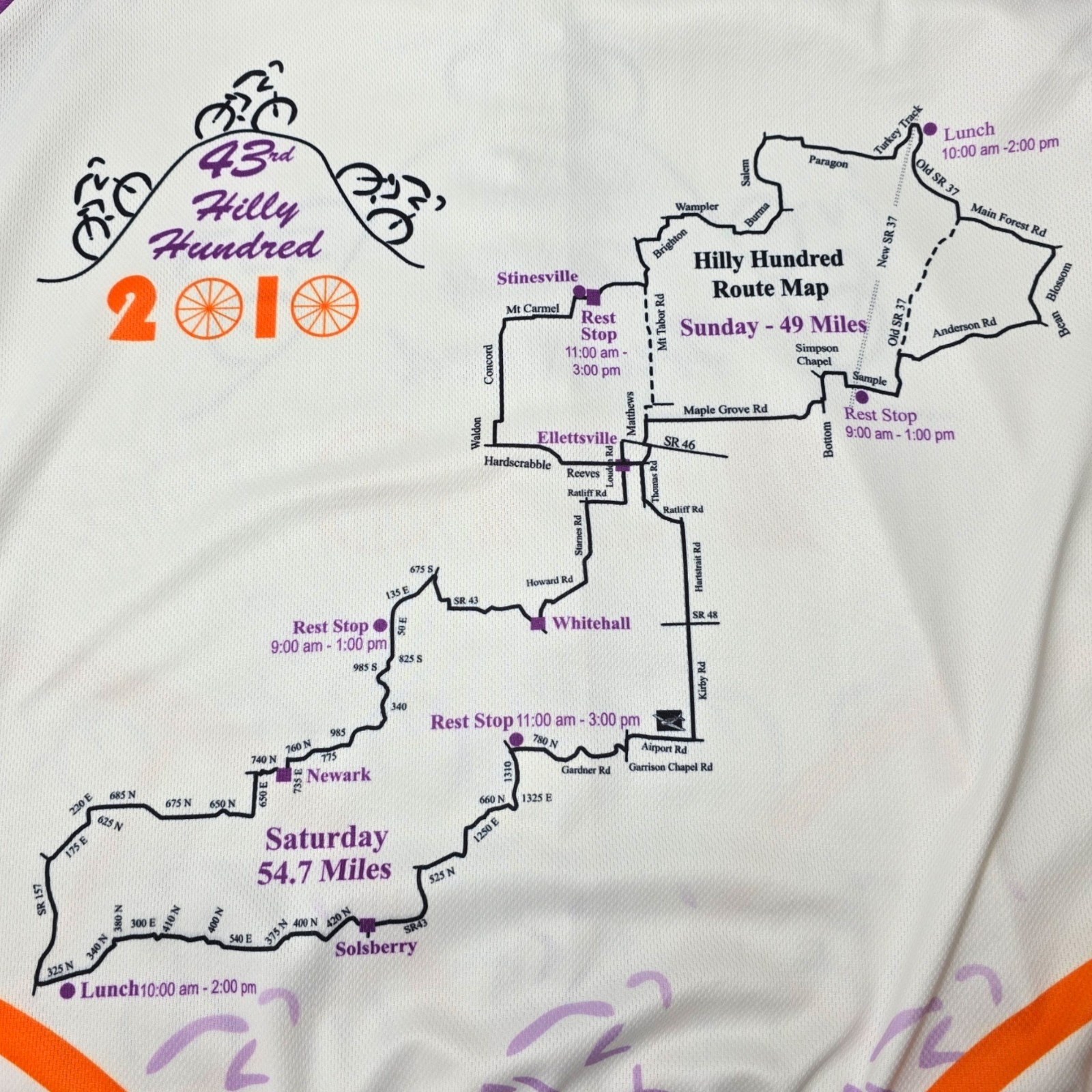 Peak 1 Cycling Jersey Unisex XL White Purple 2010 Hilly Hundred Indiana Map Zip