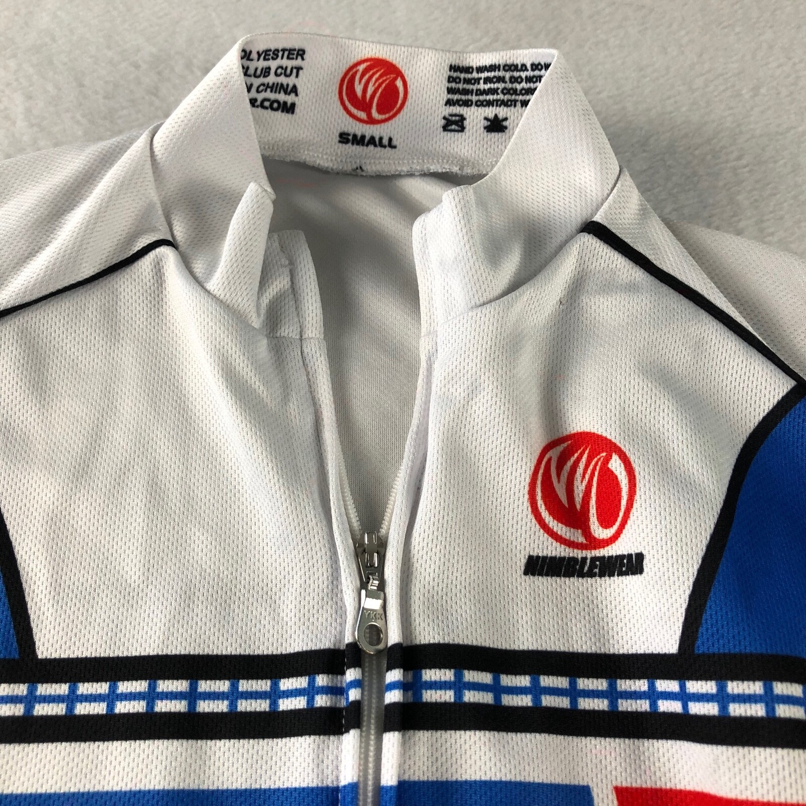 Nimblewear Cycling Jersey Mens Small Club Cut Short Sleeve Full Zip White Blue