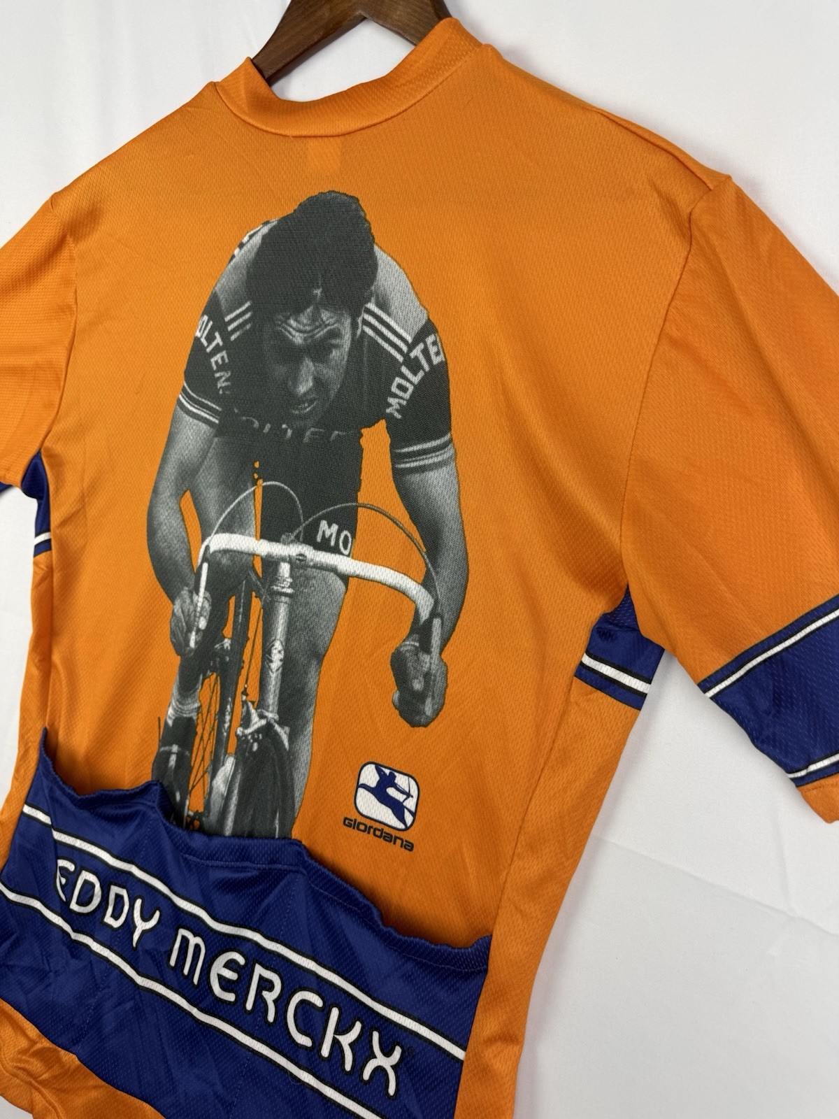 Vtg Giordana Eddy Merckx Cycling Jersey Orange Blue Photo Back Print Italy Sz. L