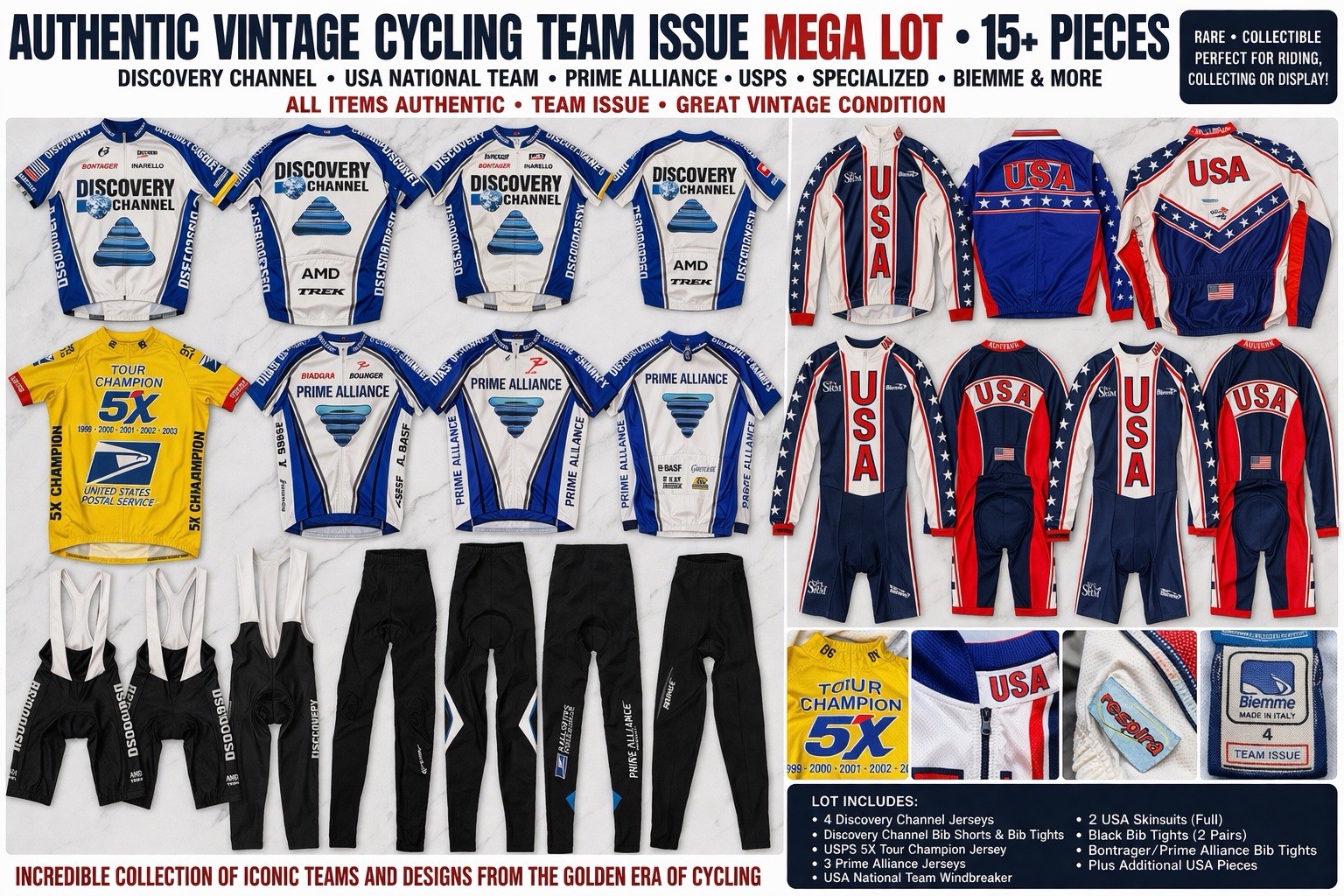 Authentic Vintage Pro Cycling Team Issue Lot Discovery USPS USA Prime Alliance