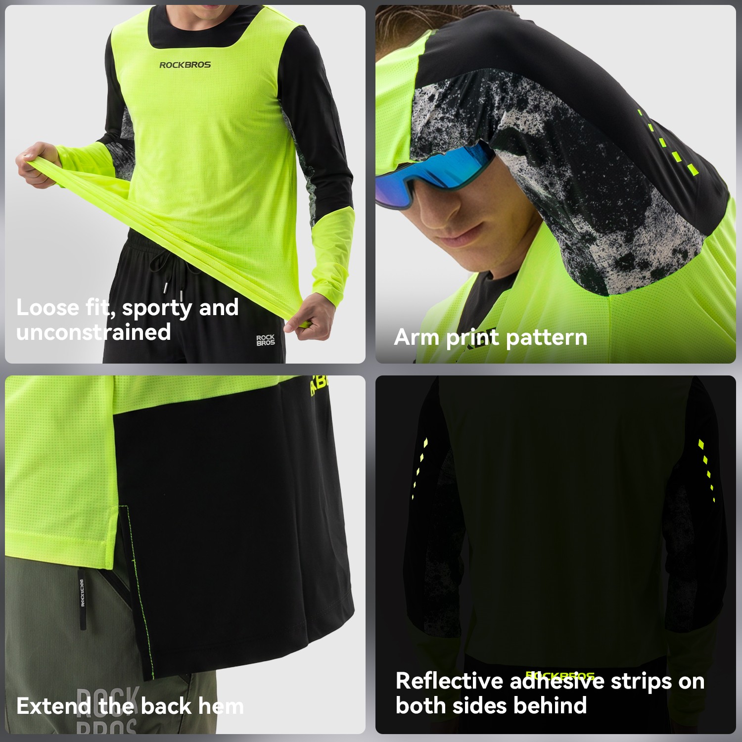 ROCKBROS Men’s Cycling Jersey Long Sleeve Fluorescent Green Breathable S-3XL