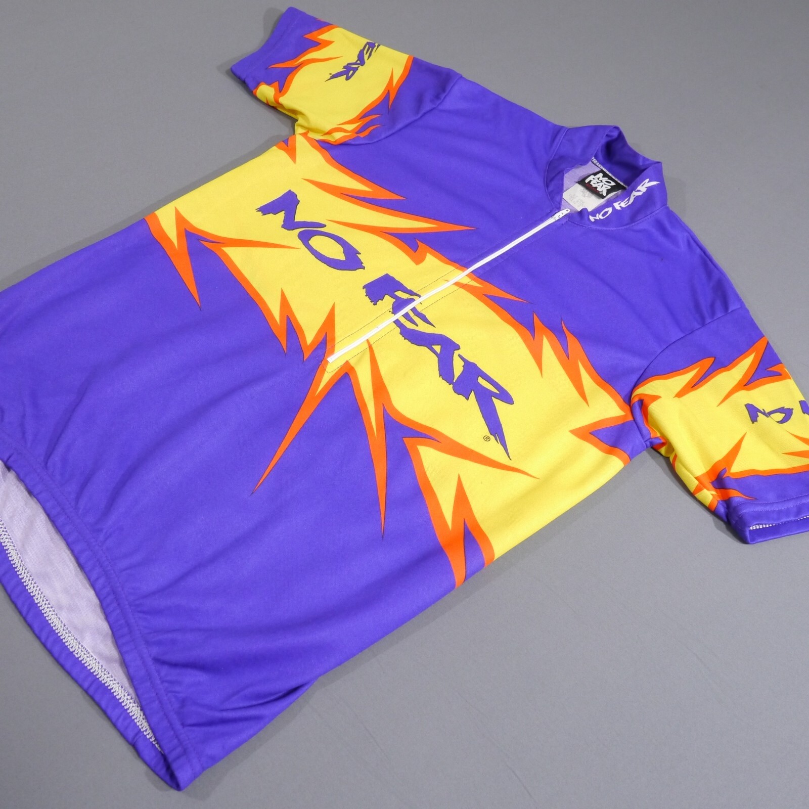 VTG 90’s USA No Fear Cycling Jersey Purple Zip All Over Print Fire Size Small