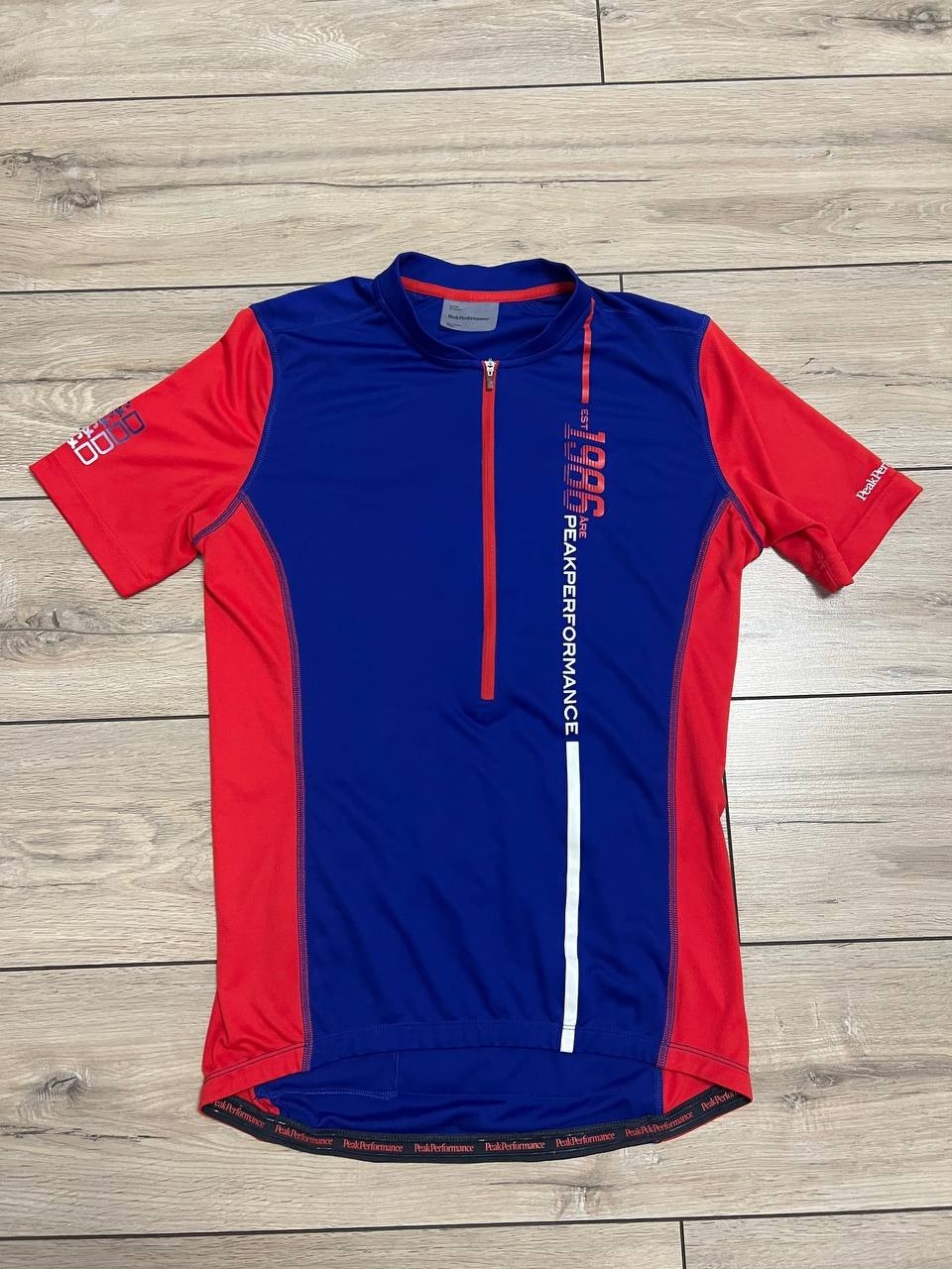 Men’s Peak Performance Cycling Bike Racing Jersey Big Log sz M Blue 1/2 Zip