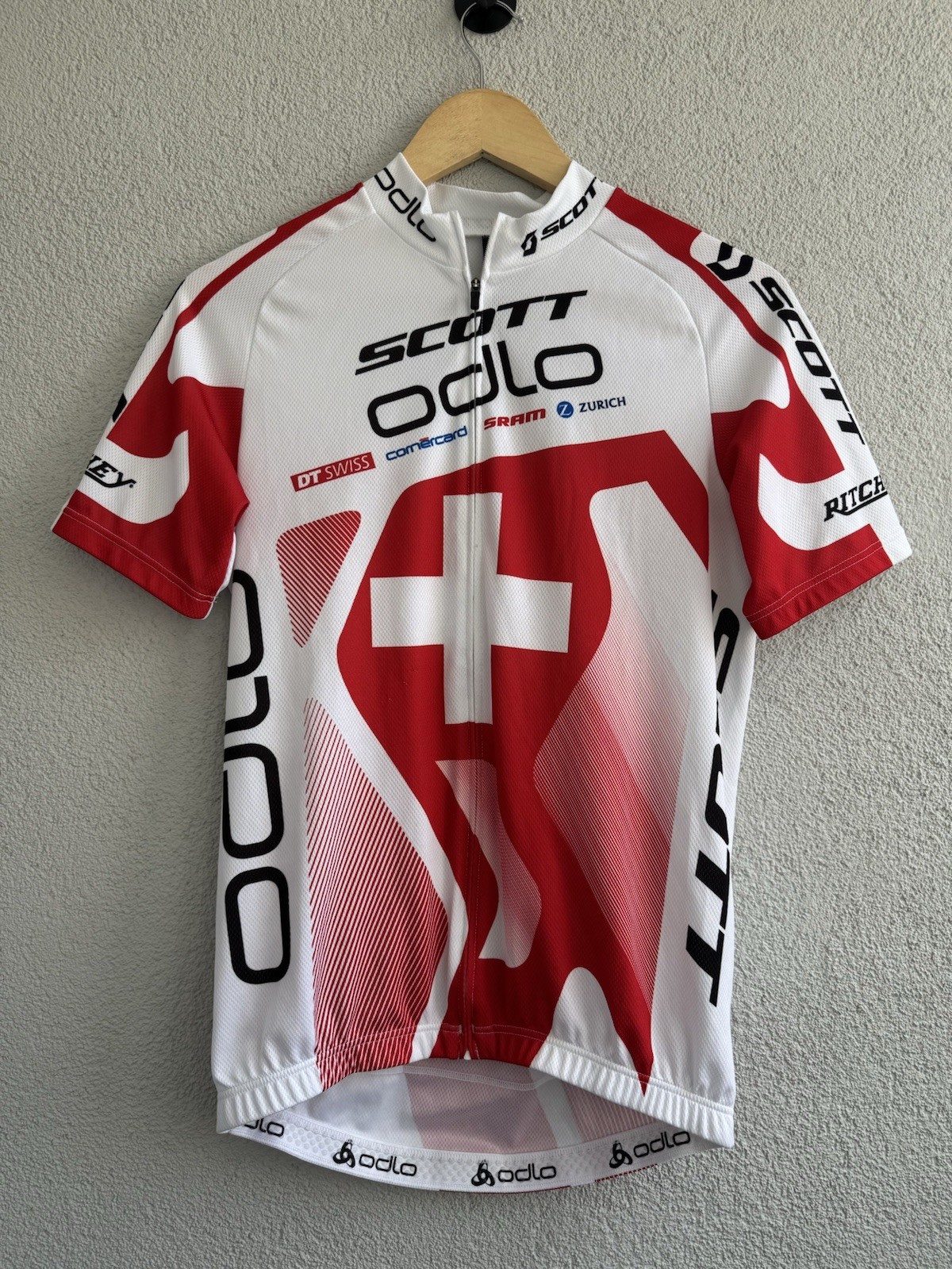 Scott Odlo Switzerland Cycling Jersey Full Zip Bike Shirt Red White Men’s S