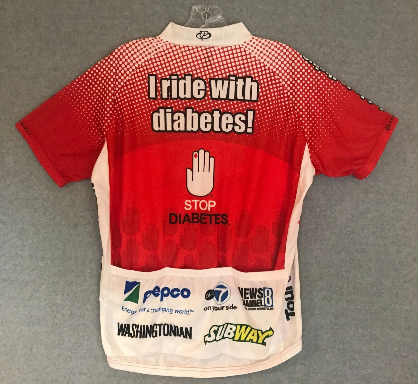 American Diabetes Cycling Jersey Mens Large Short Sleeve Red White Back Pockets