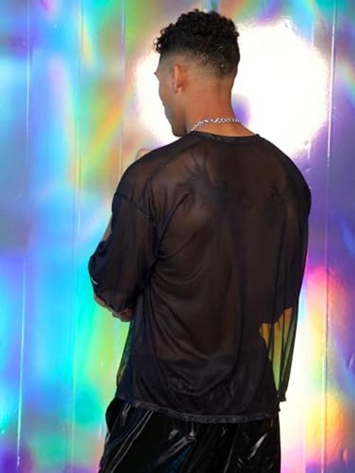 Men’s Sheer Mesh Number Graphic Tees Short Sleeve See X-Large Black Letter