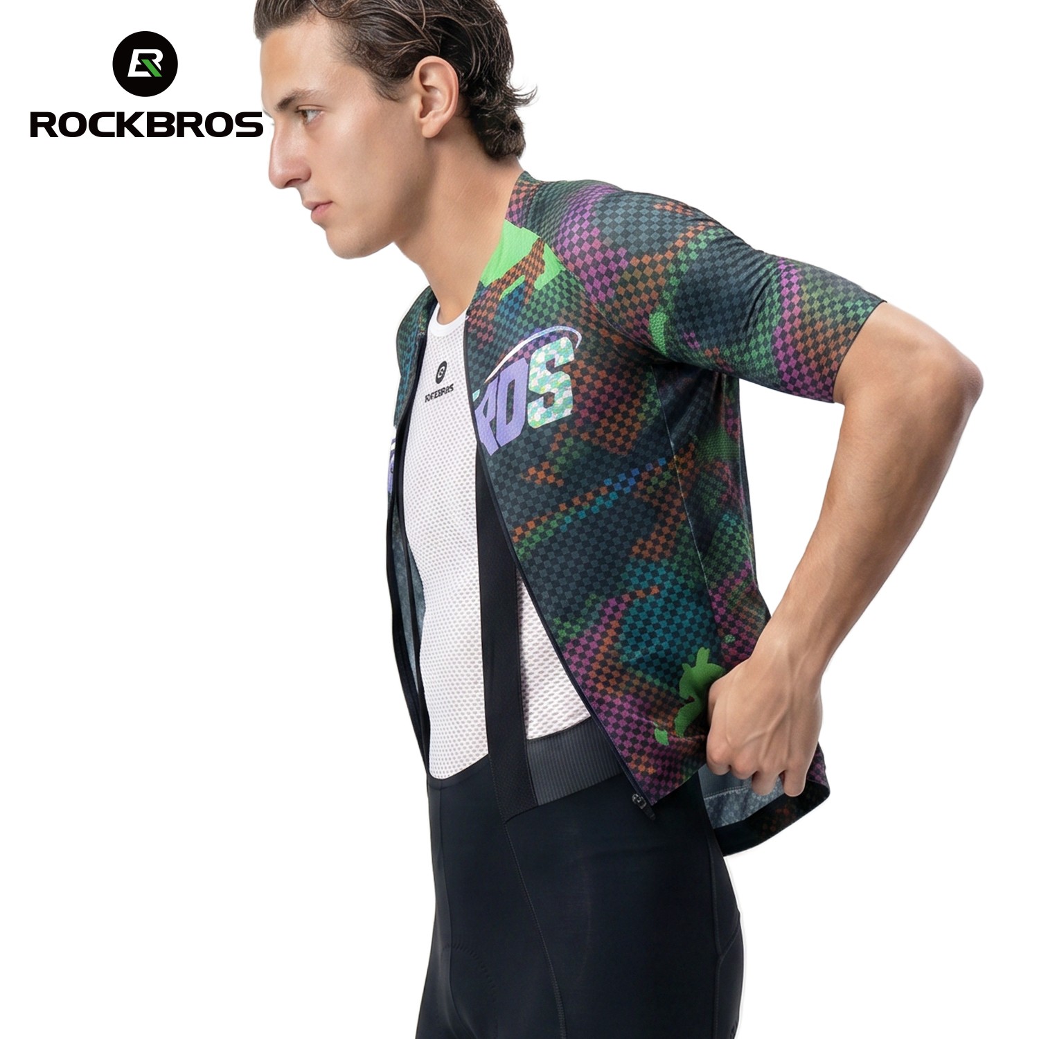 ROCKBROS Men’s Short Sleeve Cycling Jersey Pixel Print Breathable Quick Dry
